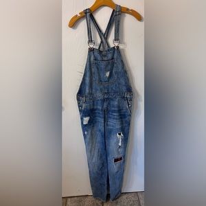Forever 21 Denim Distressed Overalls with Red Flannel Patchwork  Size 28